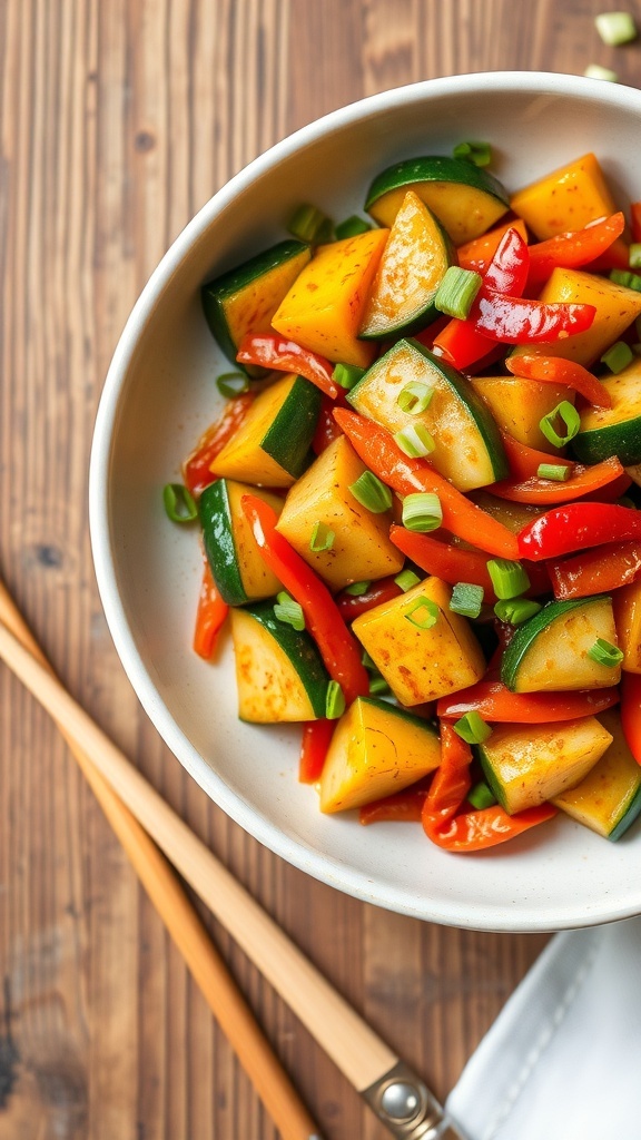 A colorful zucchini stir-fry with bell peppers and carrots in a bowl, garnished with green onions, on a rustic table.
